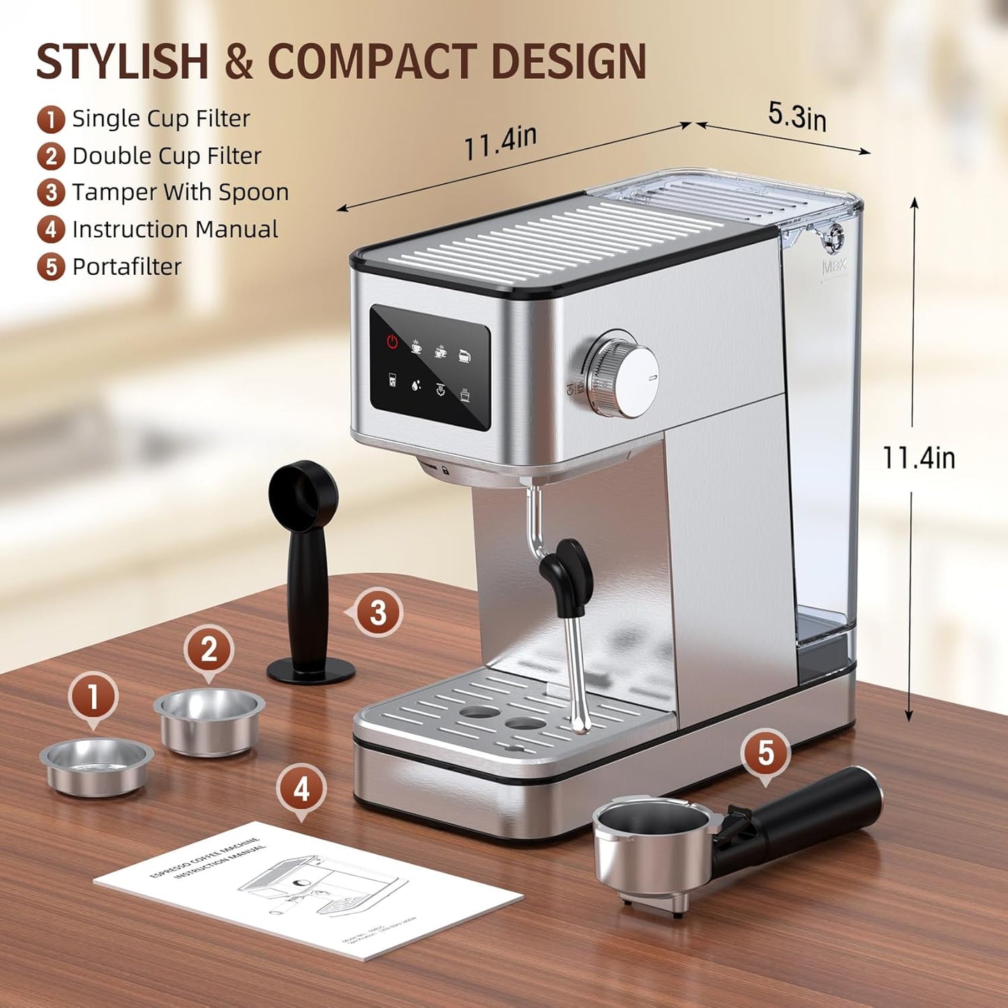 QJA Espresso Machine, 20 Bar Compact Espresso Maker with Steam Milk Frother