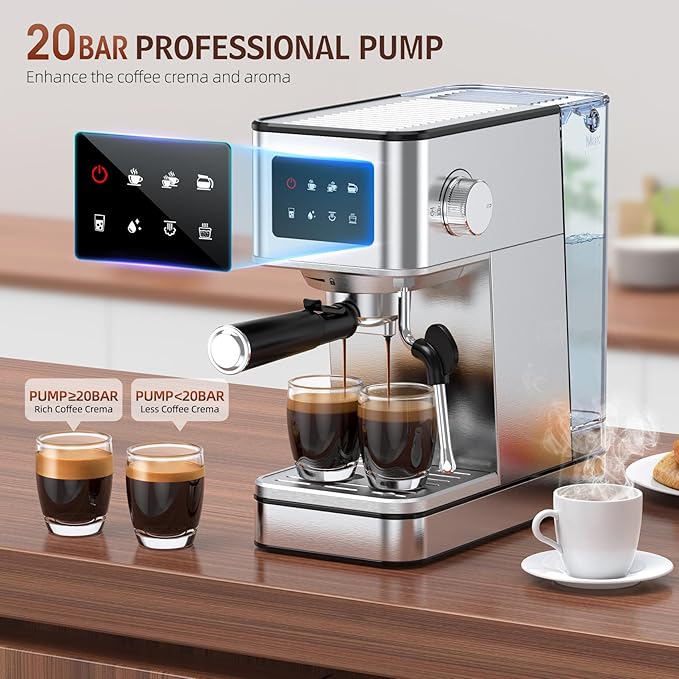 QJA Espresso Machine, 20 Bar Compact Espresso Maker with Steam Milk Frother