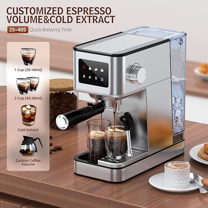 QJA Espresso Machine, 20 Bar Compact Espresso Maker with Steam Milk Frother