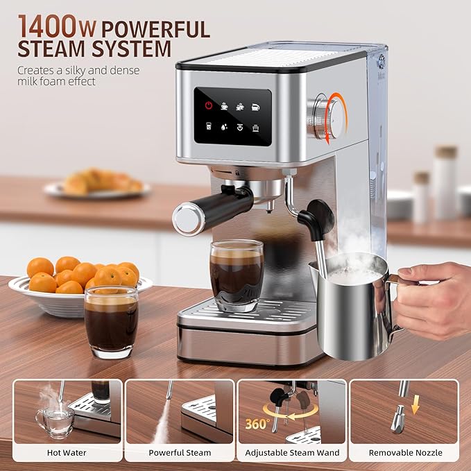 QJA Espresso Machine, 20 Bar Compact Espresso Maker with Steam Milk Frother