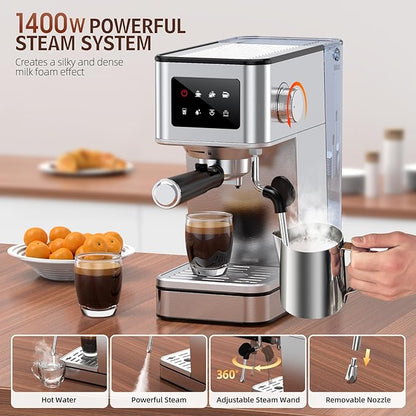 QJA Espresso Machine, 20 Bar Compact Espresso Maker with Steam Milk Frother